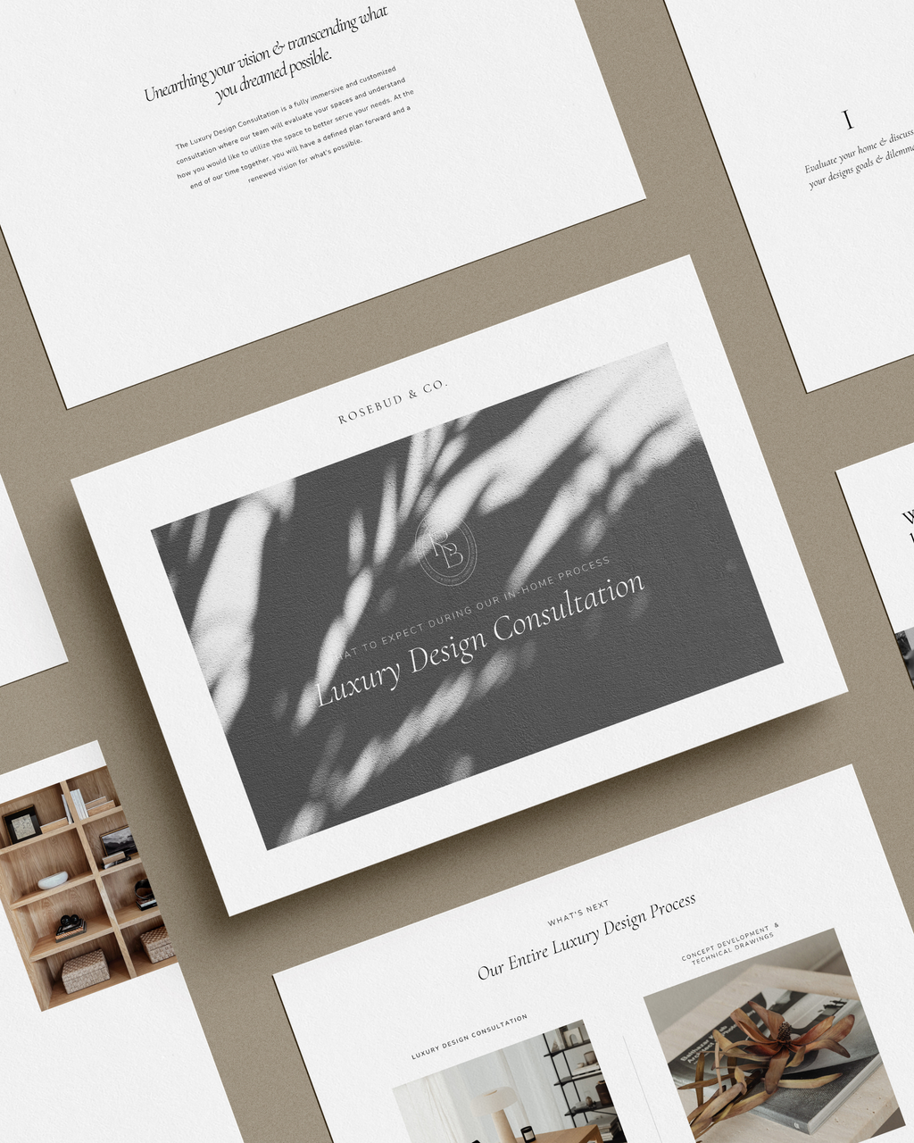 In-Home Consultation Guide Canva template featuring customizable layouts explaining the design consultation process, payment schedule, and project stages—crafted for luxury interior designers.
