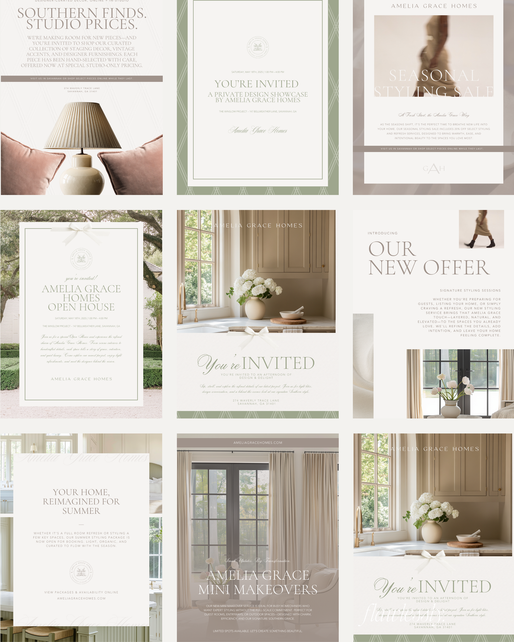 Interior Design Flyer Canva template collection featuring neutral, feminine layouts for open houses, new offers, and event marketing—crafted for luxury designers and real estate professionals.