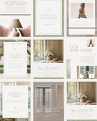 Interior Design Flyer Canva template collection featuring neutral, feminine layouts for open houses, new offers, and event marketing—crafted for luxury designers and real estate professionals.