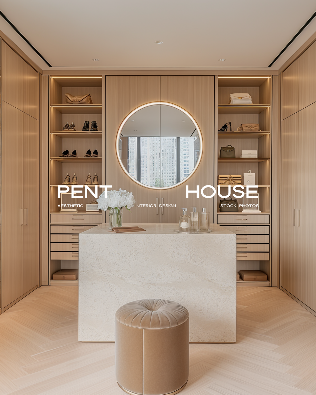 Penthouse interior stock image featuring refined, modern city-inspired luxury interiors with neutral tones and sophisticated details, created for interior designers and creative brands.