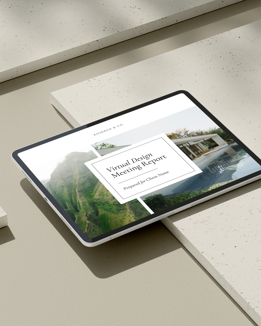 Virtual Design Meeting Report Canva template featuring customizable layouts for color palettes, mood boards, shopping lists, and project reports—crafted for luxury interior designers.