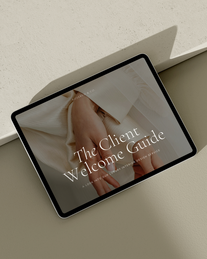 Interior Design Welcome Guide Canva template featuring customizable layouts for design philosophy, process overview, testimonials, and FAQs—crafted for luxury interior designers.