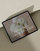 Virtual Design Investment Guide Canva template featuring customizable layouts for service overview, process, FAQs, and purchase details—crafted for luxury interior designers.