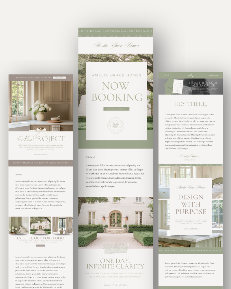 Interior designer email template bundle in Canva featuring neutral, modern layouts for marketing and client communication—crafted for luxury interior designers.