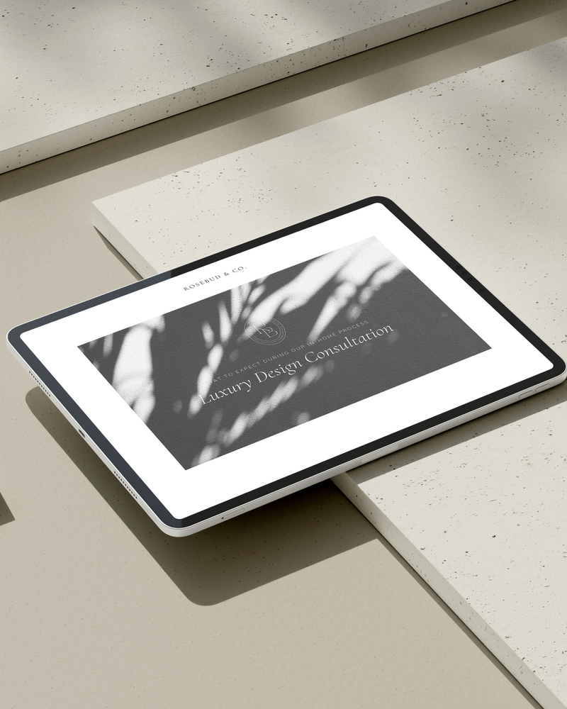 In-Home Consultation Guide Canva template featuring customizable layouts explaining the design consultation process, payment schedule, and project stages—crafted for luxury interior designers.