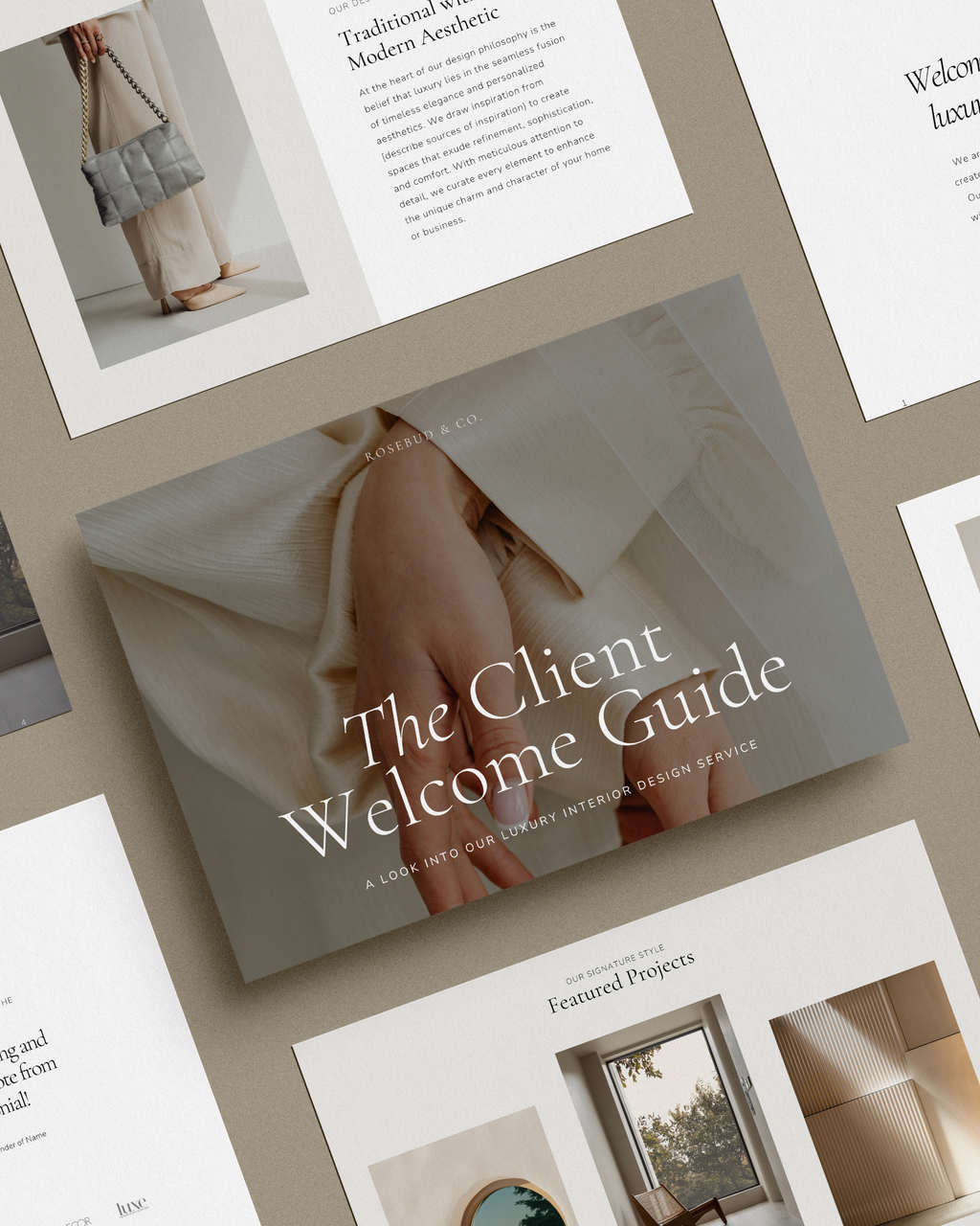 Interior Design Welcome Guide Canva template featuring customizable layouts for design philosophy, process overview, testimonials, and FAQs—crafted for luxury interior designers.