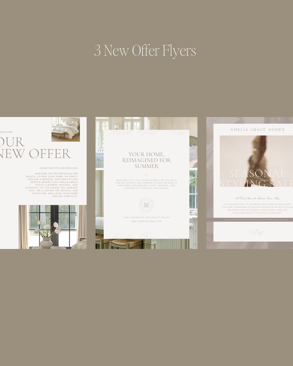Interior Design Flyer Canva template collection featuring neutral, feminine layouts for open houses, new offers, and event marketing—crafted for luxury designers and real estate professionals.
