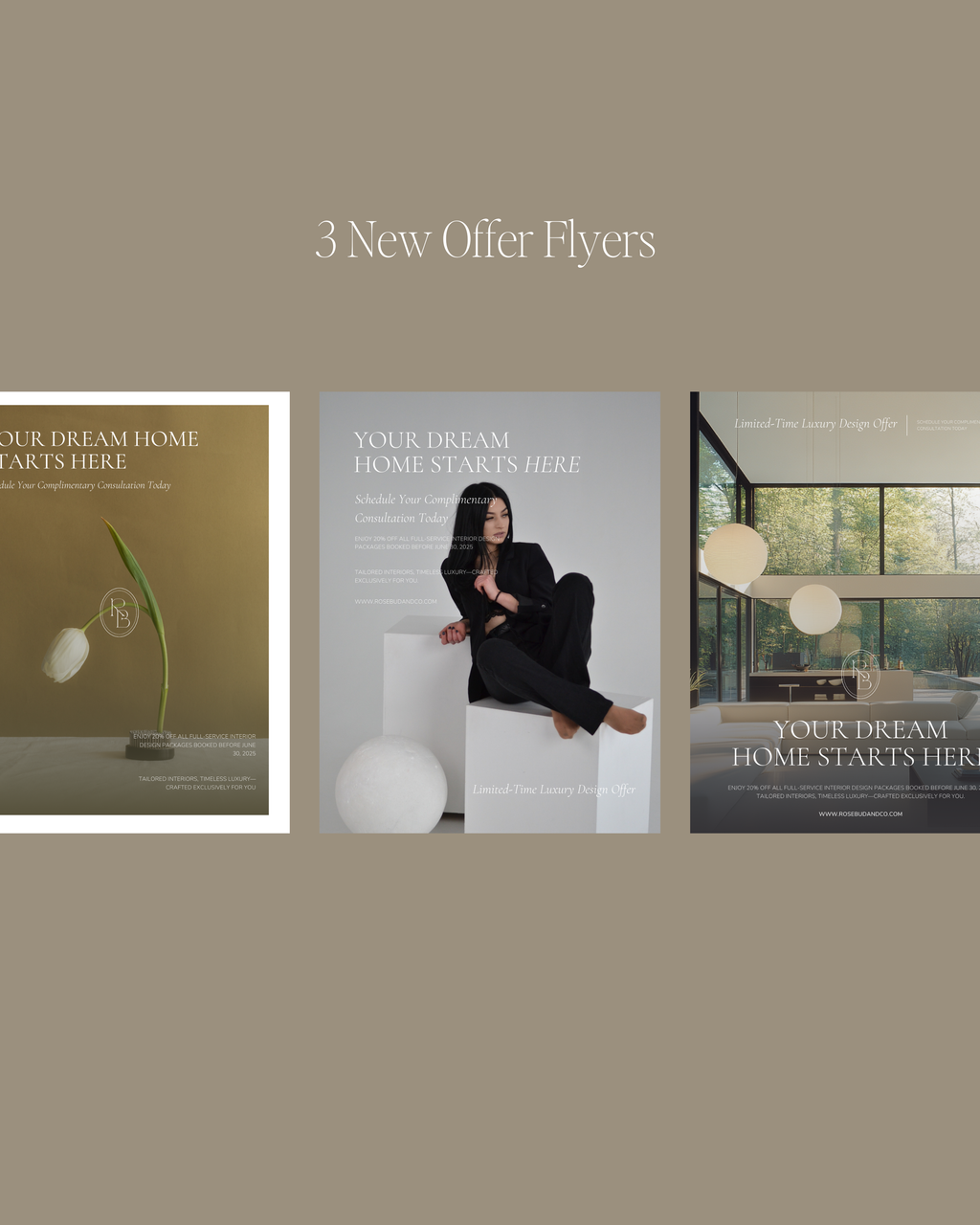 Modern interior design flyer Canva template collection featuring neutral, minimalist layouts for open houses, events, and marketing—crafted for luxury designers and real estate professionals.
