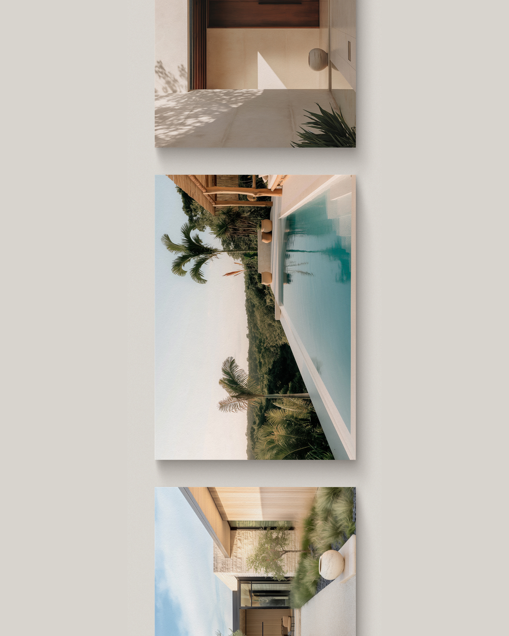 California Modern and Tulum exterior stock image featuring sunlit plaster walls, natural textures, dipping pools, and modern resort-inspired architecture—crafted for interior designers and creative brands.