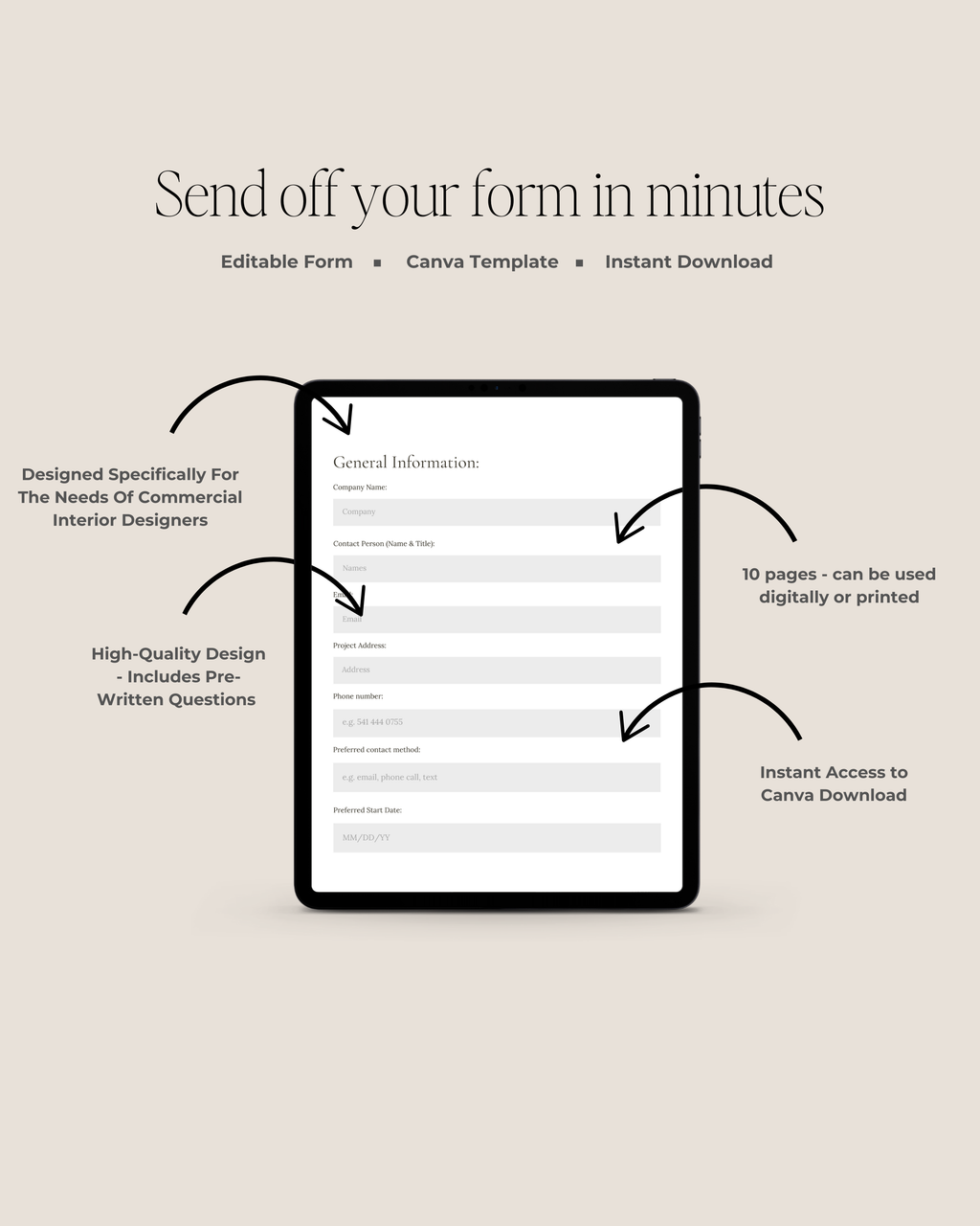Commercial New Client Questionnaire Canva template featuring customizable intake pages for project goals, budgets, and design vision—crafted for luxury interior designers and commercial design studios.