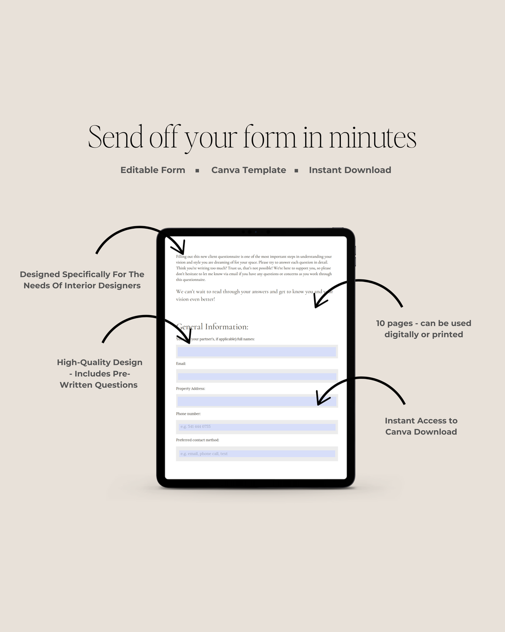 Residential New Client Questionnaire Canva template featuring customizable client intake pages for project goals, style preferences, and budgets—crafted for luxury interior designers.