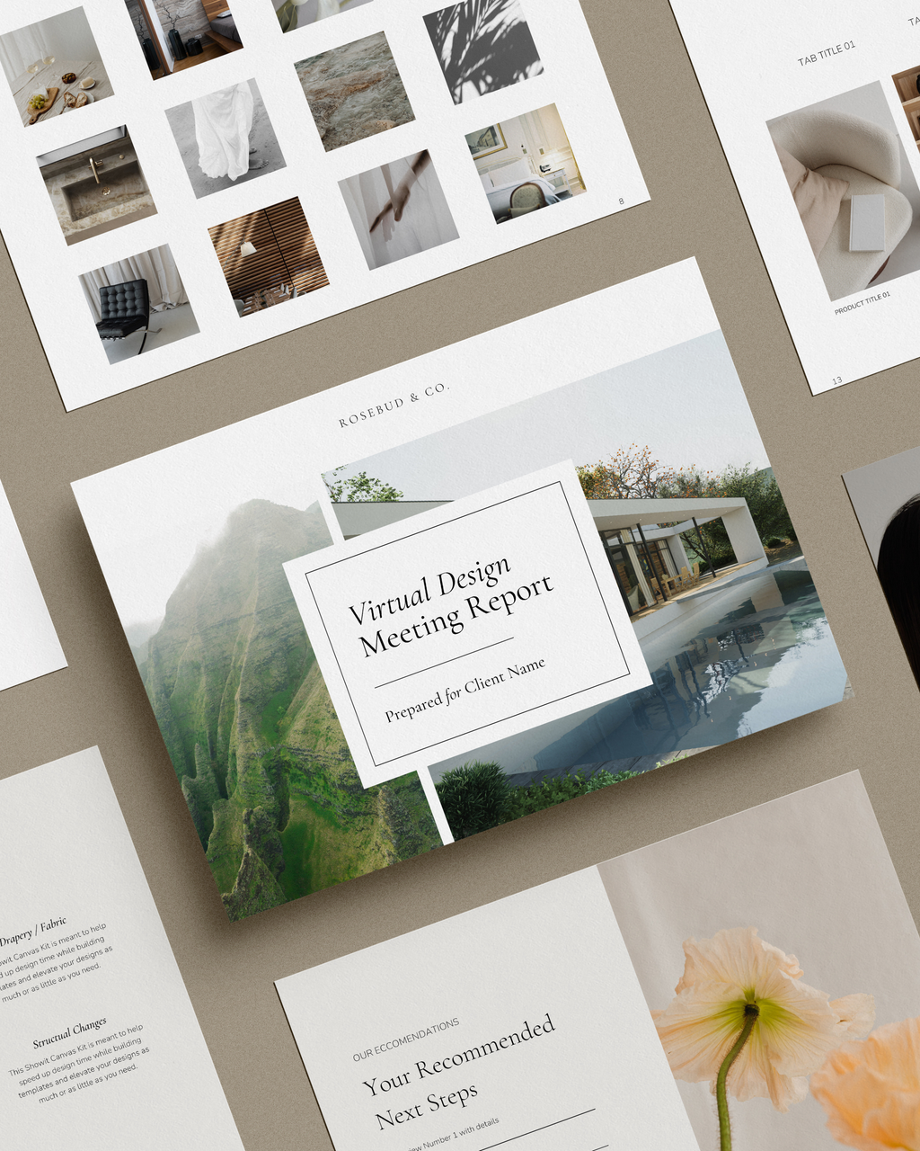 Virtual Design Meeting Report Canva template featuring customizable layouts for color palettes, mood boards, shopping lists, and project reports—crafted for luxury interior designers.