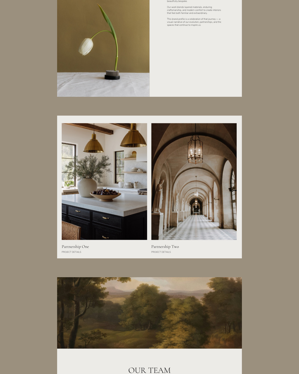 Luxury interior designer PR brand deck Canva template showcasing projects, testimonials, and press and partnership pages.