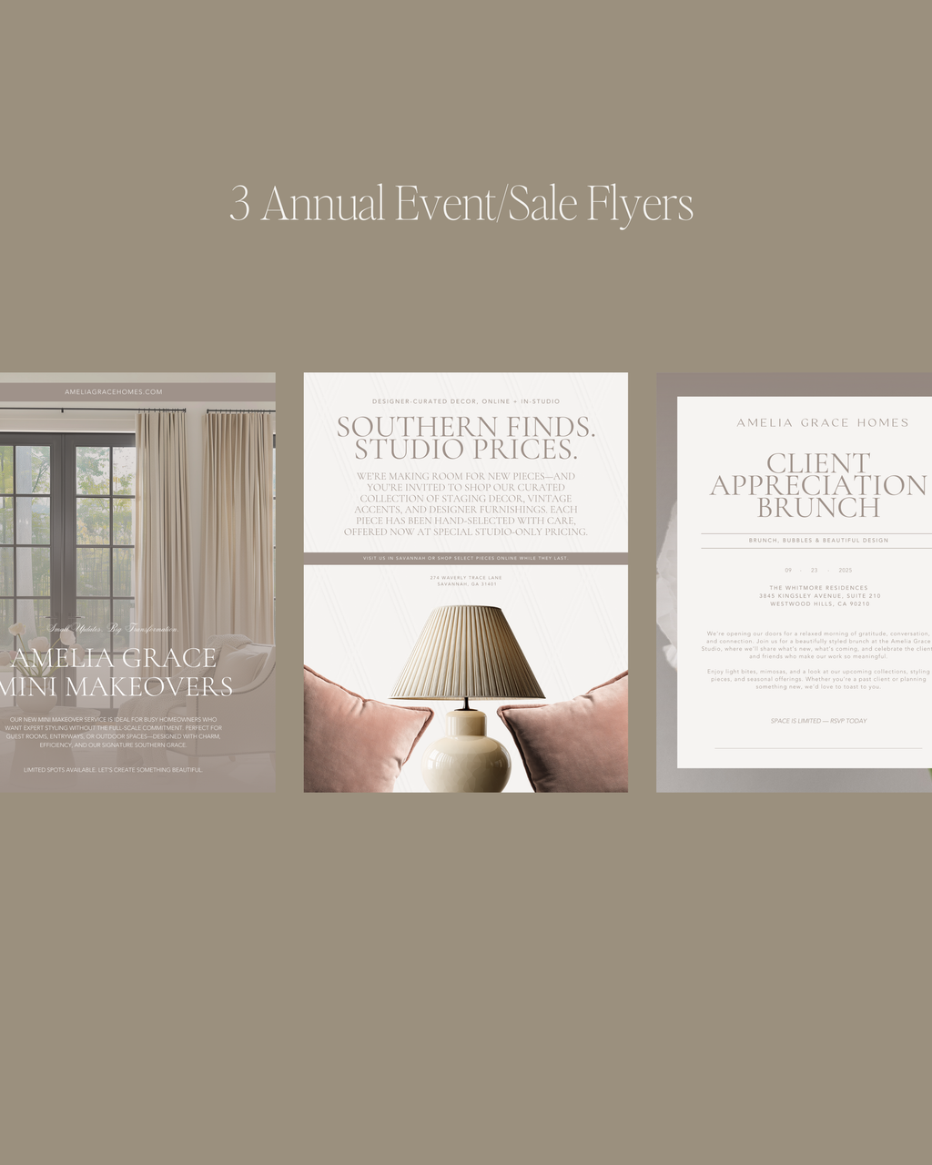 Interior Design Flyer Canva template collection featuring neutral, feminine layouts for open houses, new offers, and event marketing—crafted for luxury designers and real estate professionals.