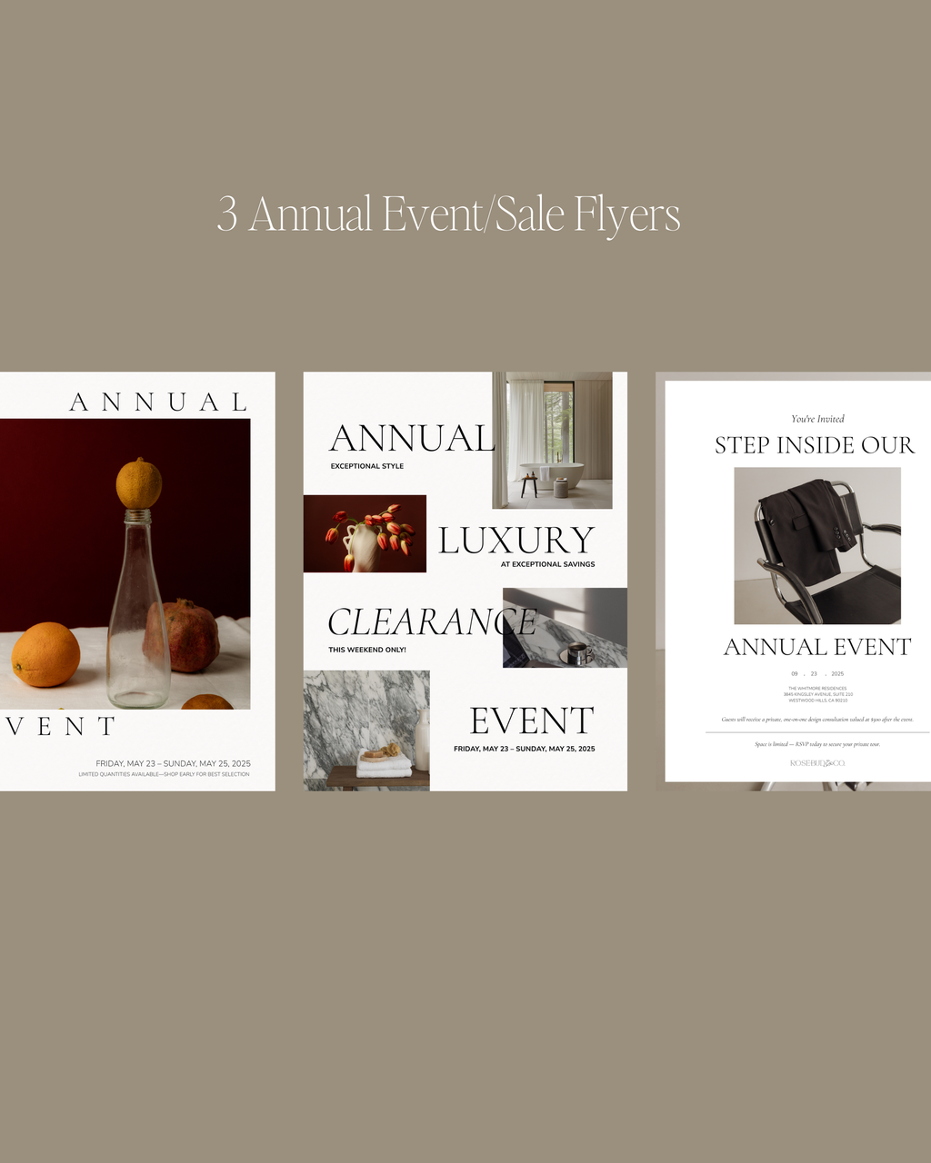 Modern interior design flyer Canva template collection featuring neutral, minimalist layouts for open houses, events, and marketing—crafted for luxury designers and real estate professionals.