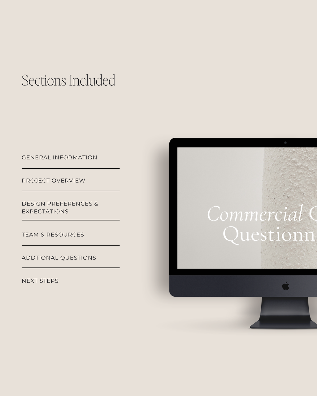 Commercial New Client Questionnaire Canva template featuring customizable intake pages for project goals, budgets, and design vision—crafted for luxury interior designers and commercial design studios.