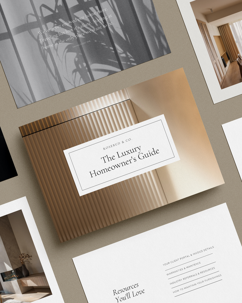 Interior Design Offboarding Guide Canva template featuring customizable layouts for thank-you messages, maintenance tips, and testimonial requests—crafted for luxury interior designers.