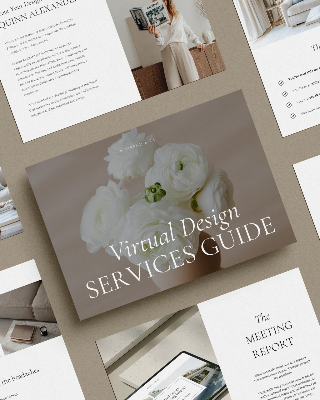 Virtual Design Investment Guide Canva template featuring customizable layouts for service overview, process, FAQs, and purchase details—crafted for luxury interior designers.