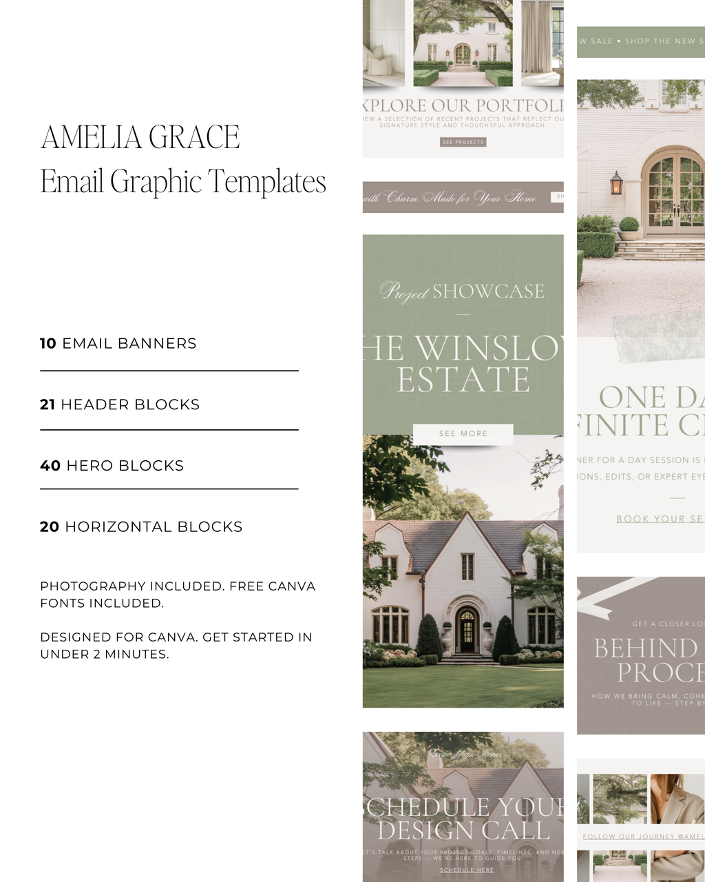 Interior designer email template bundle in Canva featuring neutral, modern layouts for marketing and client communication—crafted for luxury interior designers.