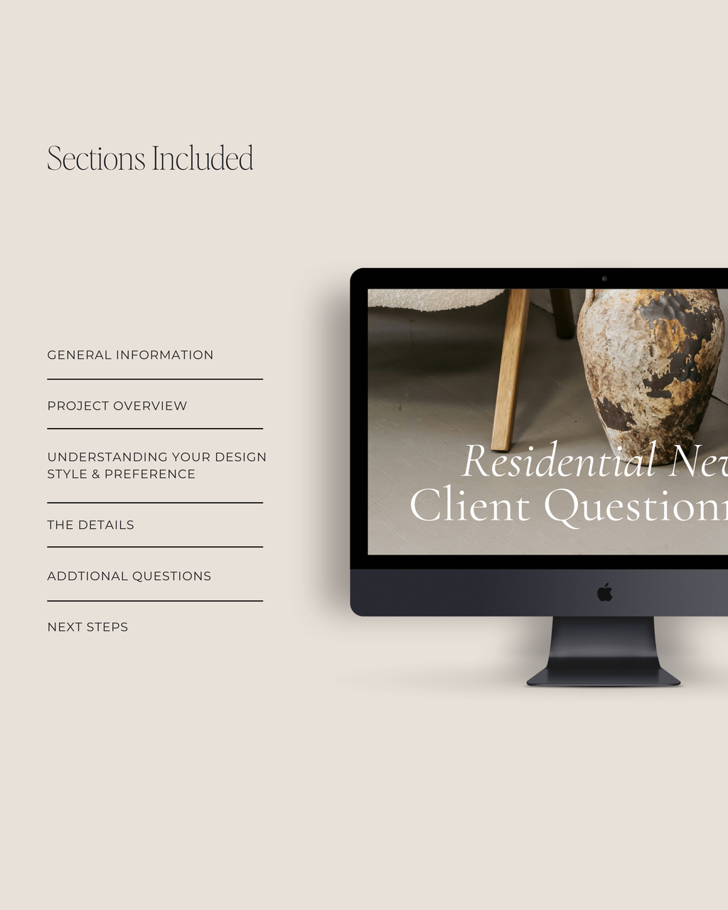 Residential New Client Questionnaire Canva template featuring customizable client intake pages for project goals, style preferences, and budgets—crafted for luxury interior designers.
