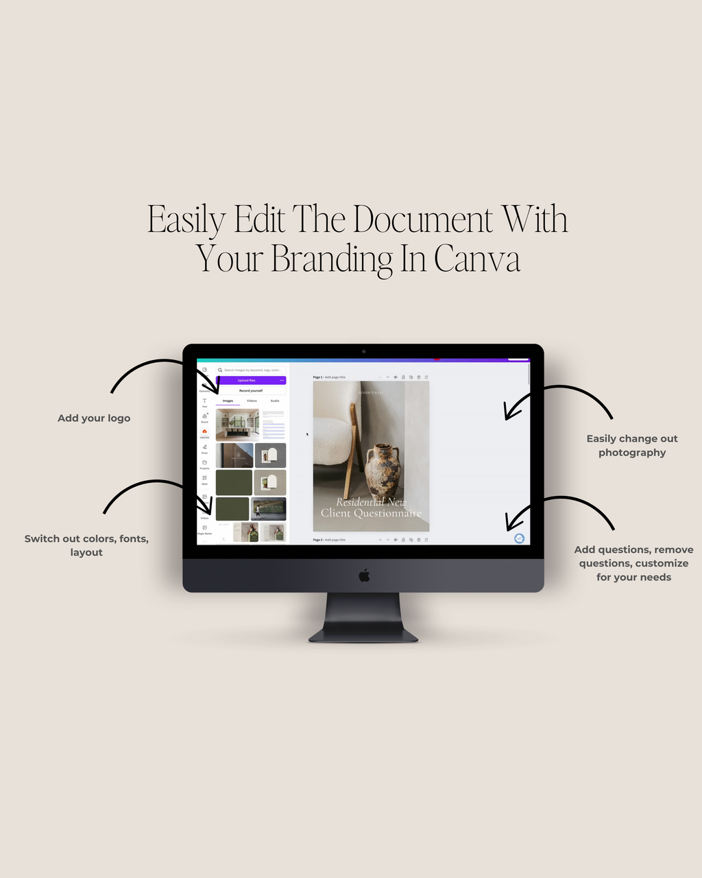 Commercial New Client Questionnaire Canva template featuring customizable intake pages for project goals, budgets, and design vision—crafted for luxury interior designers and commercial design studios.