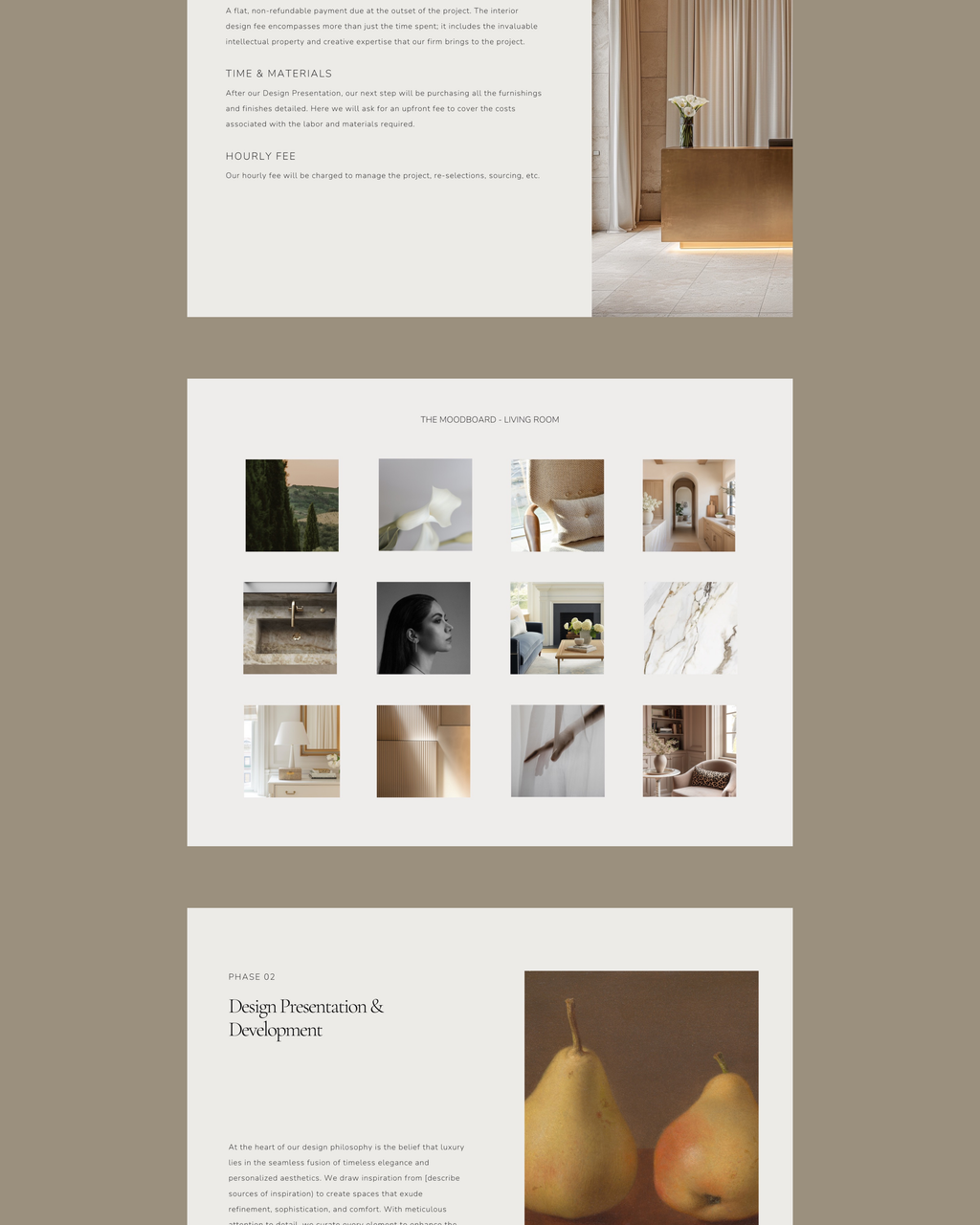 Luxury interior design proposal Canva template with project overview, scope, and mood board pages.