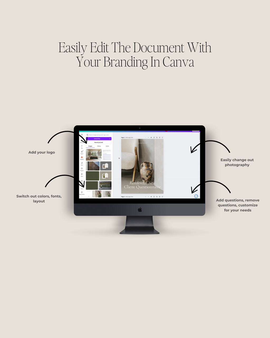 Residential New Client Questionnaire Canva template featuring customizable client intake pages for project goals, style preferences, and budgets—crafted for luxury interior designers.