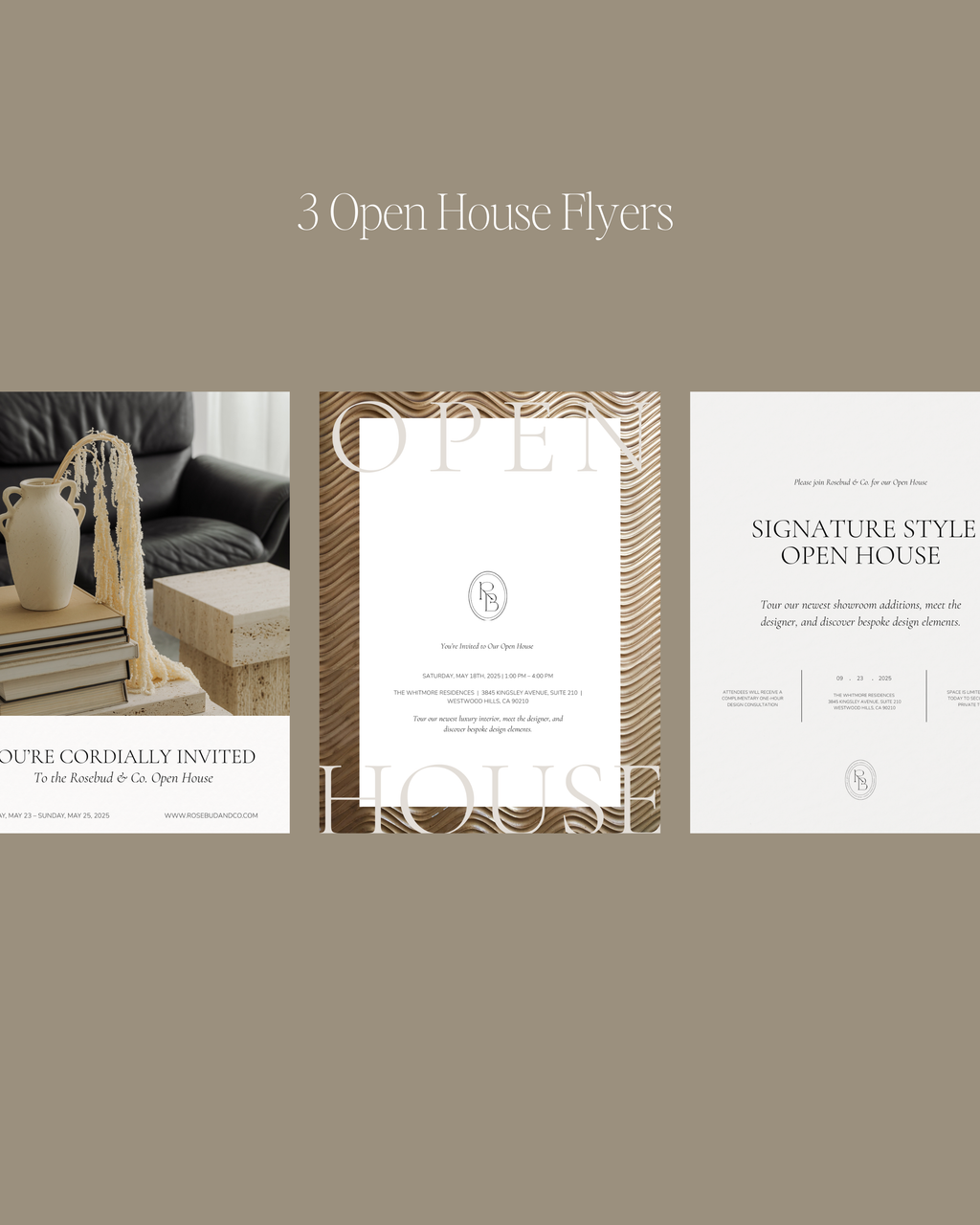 Modern interior design flyer Canva template collection featuring neutral, minimalist layouts for open houses, events, and marketing—crafted for luxury designers and real estate professionals.