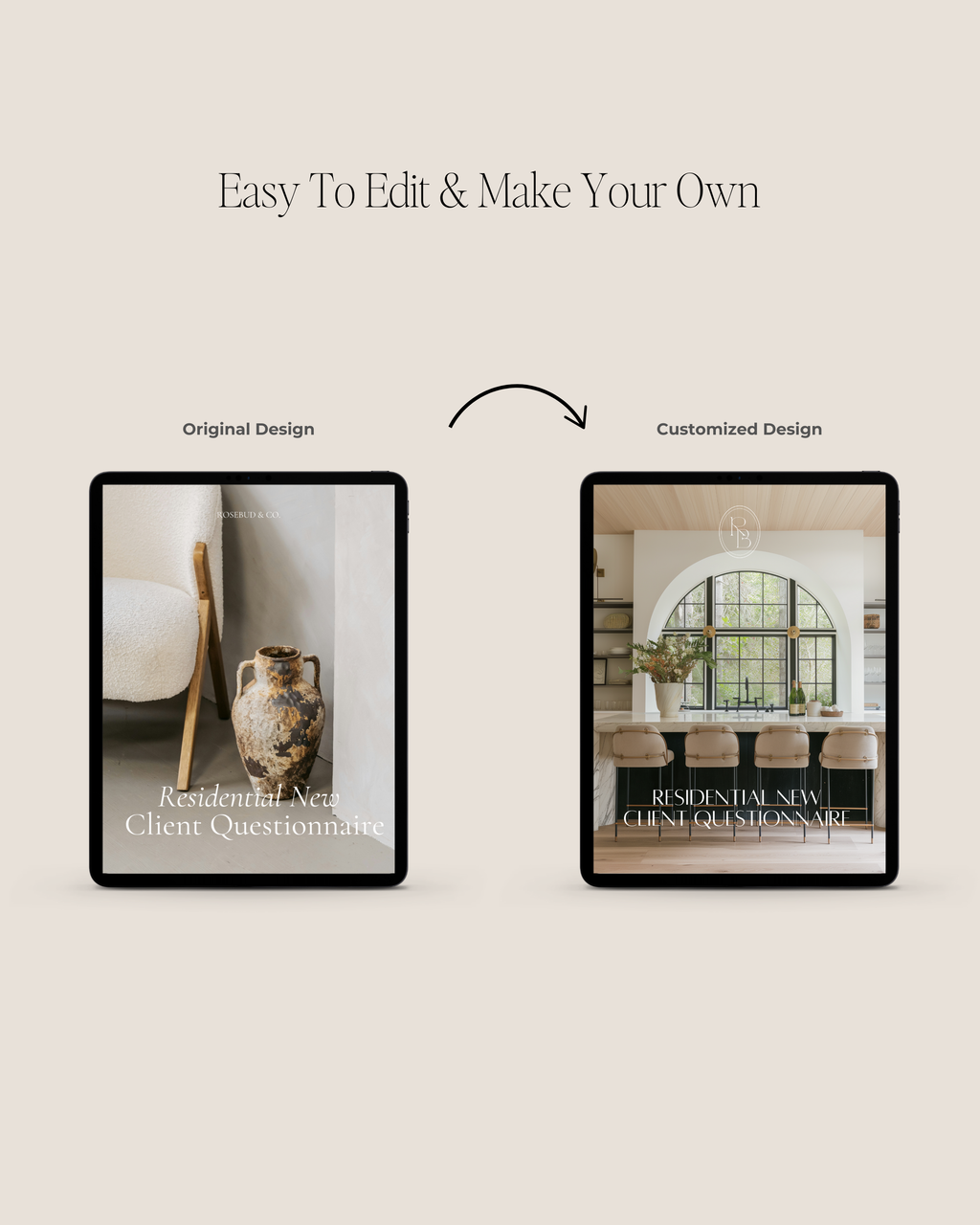 Residential New Client Questionnaire Canva template featuring customizable client intake pages for project goals, style preferences, and budgets—crafted for luxury interior designers.