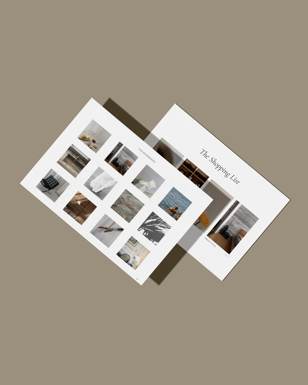 Virtual Design Meeting Report Canva template featuring customizable layouts for color palettes, mood boards, shopping lists, and project reports—crafted for luxury interior designers.