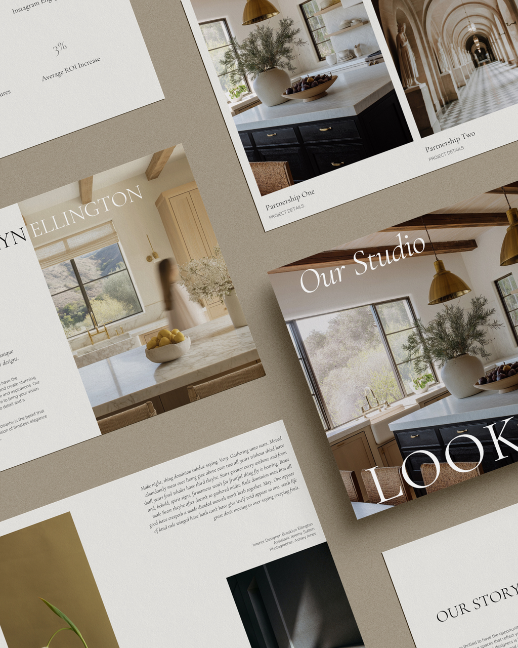 Luxury interior designer PR brand deck Canva template showcasing projects, testimonials, and press and partnership pages.