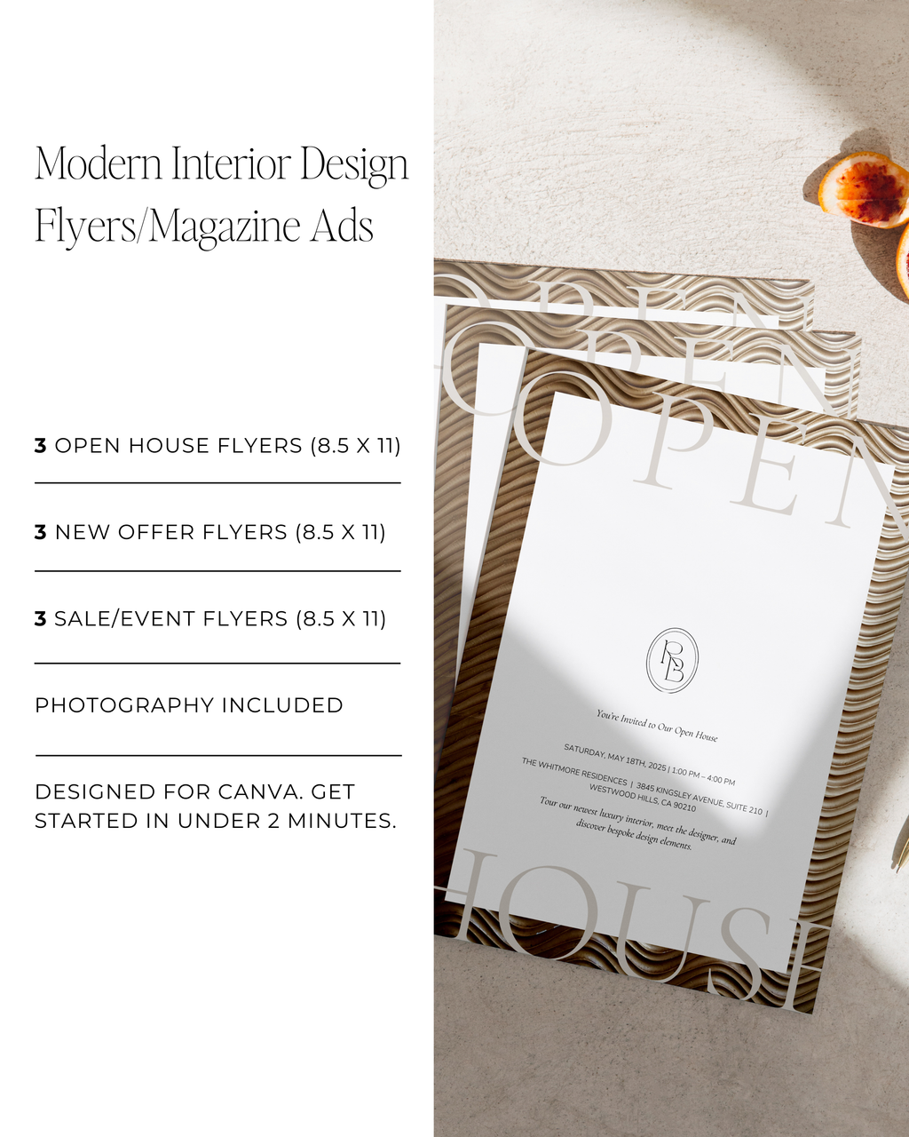 Modern interior design flyer Canva template collection featuring neutral, minimalist layouts for open houses, events, and marketing—crafted for luxury designers and real estate professionals.