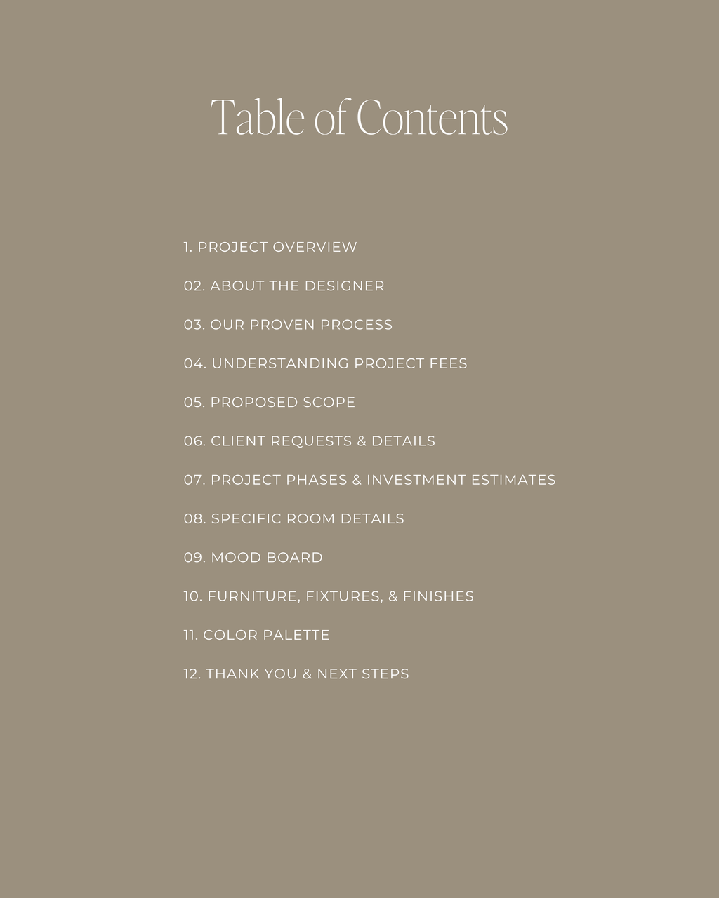 Luxury interior design proposal Canva template with project overview, scope, and mood board pages.
