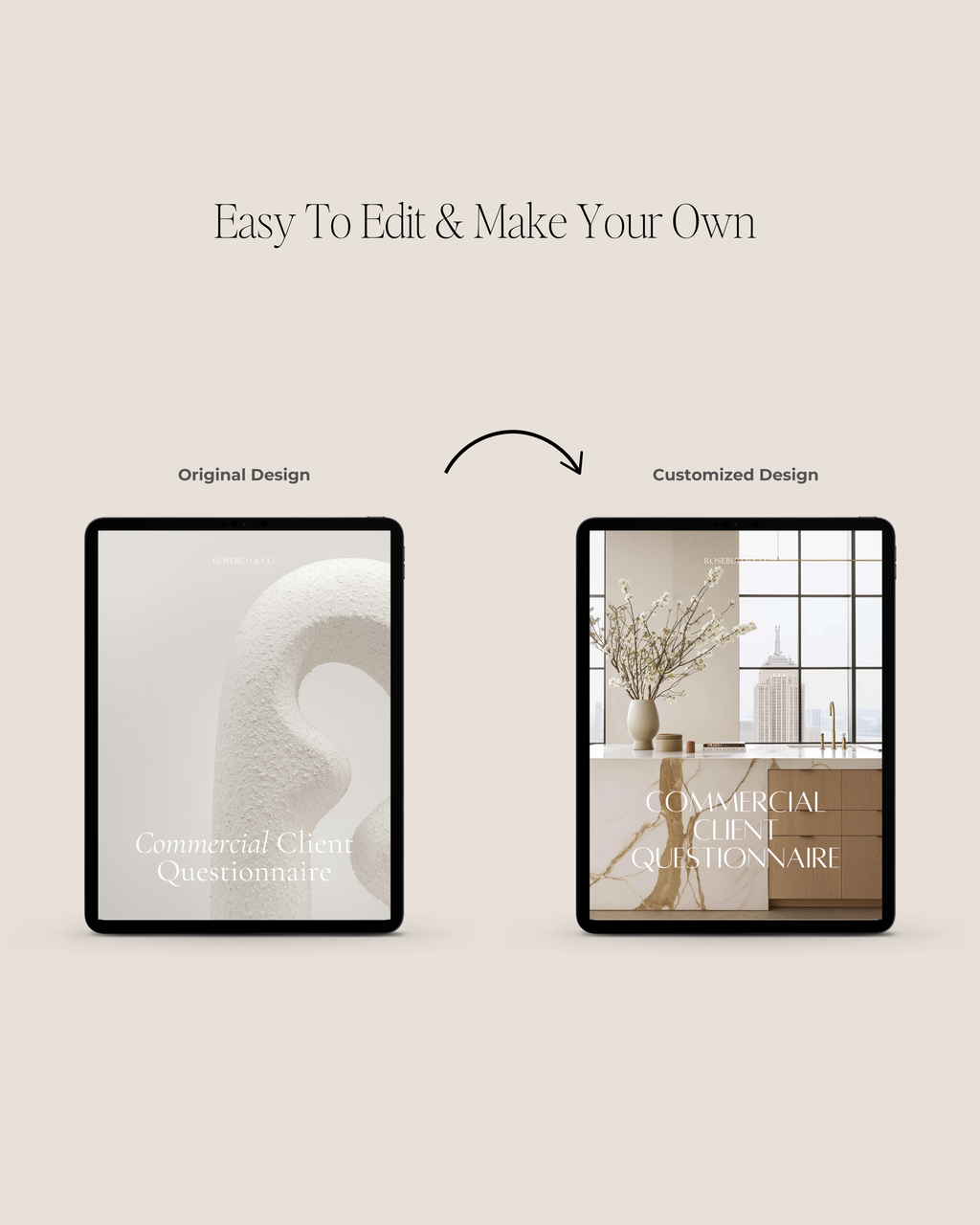 Commercial New Client Questionnaire Canva template featuring customizable intake pages for project goals, budgets, and design vision—crafted for luxury interior designers and commercial design studios.