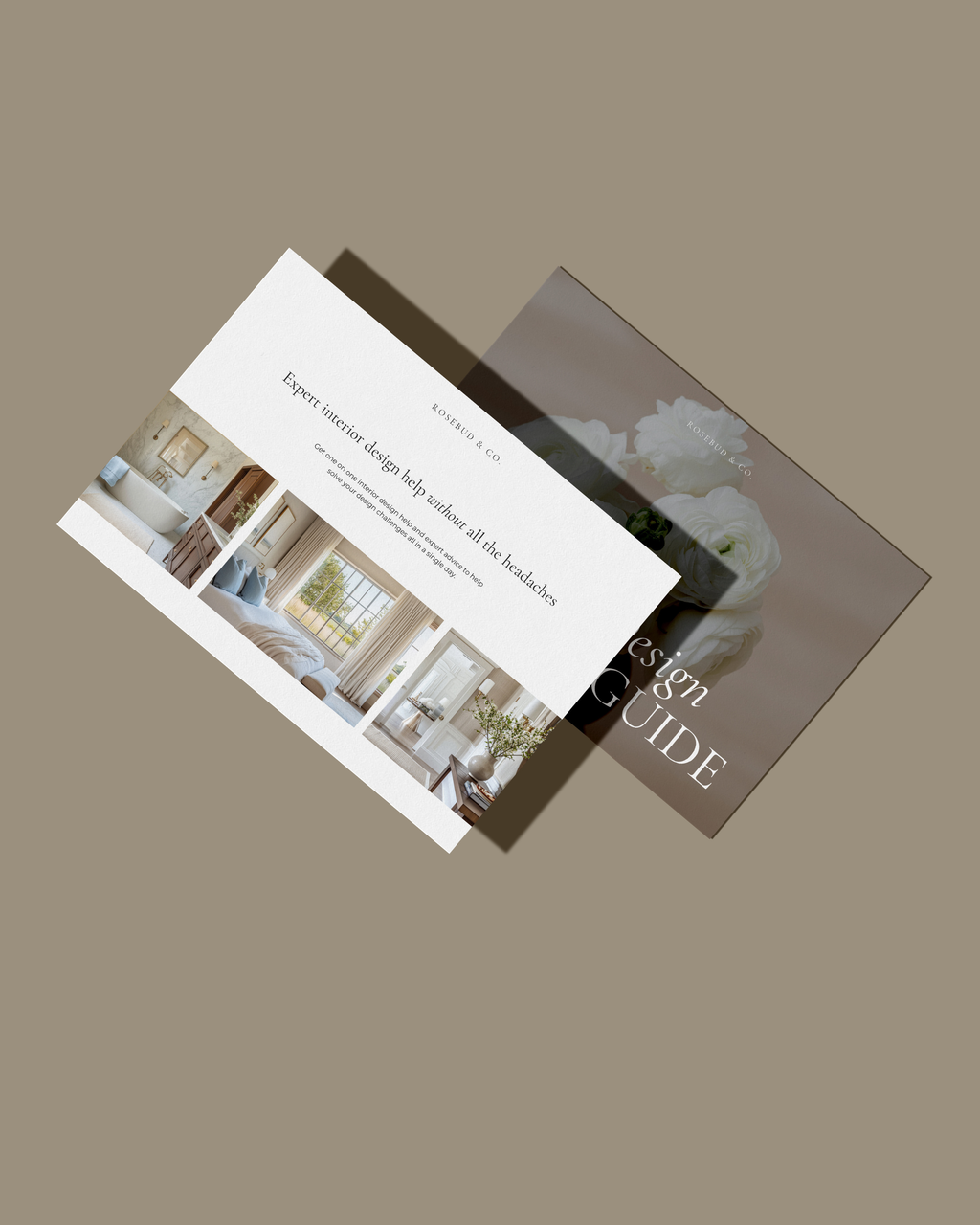 Virtual Design Investment Guide Canva template featuring customizable layouts for service overview, process, FAQs, and purchase details—crafted for luxury interior designers.