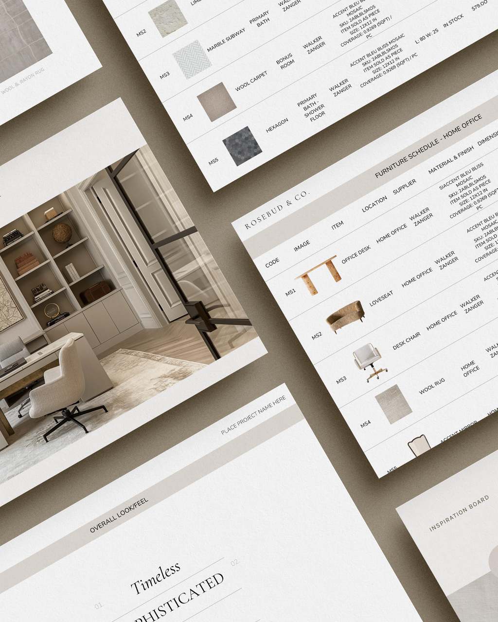 Interior Design Spec Book Canva template featuring branded layouts for specs, finishes, and furnishings—professional FFE schedule design for interior designers and architects.