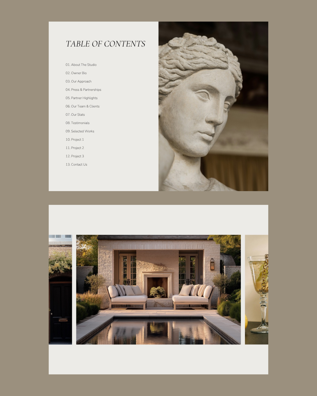Luxury interior designer PR brand deck Canva template showcasing projects, testimonials, and press and partnership pages.