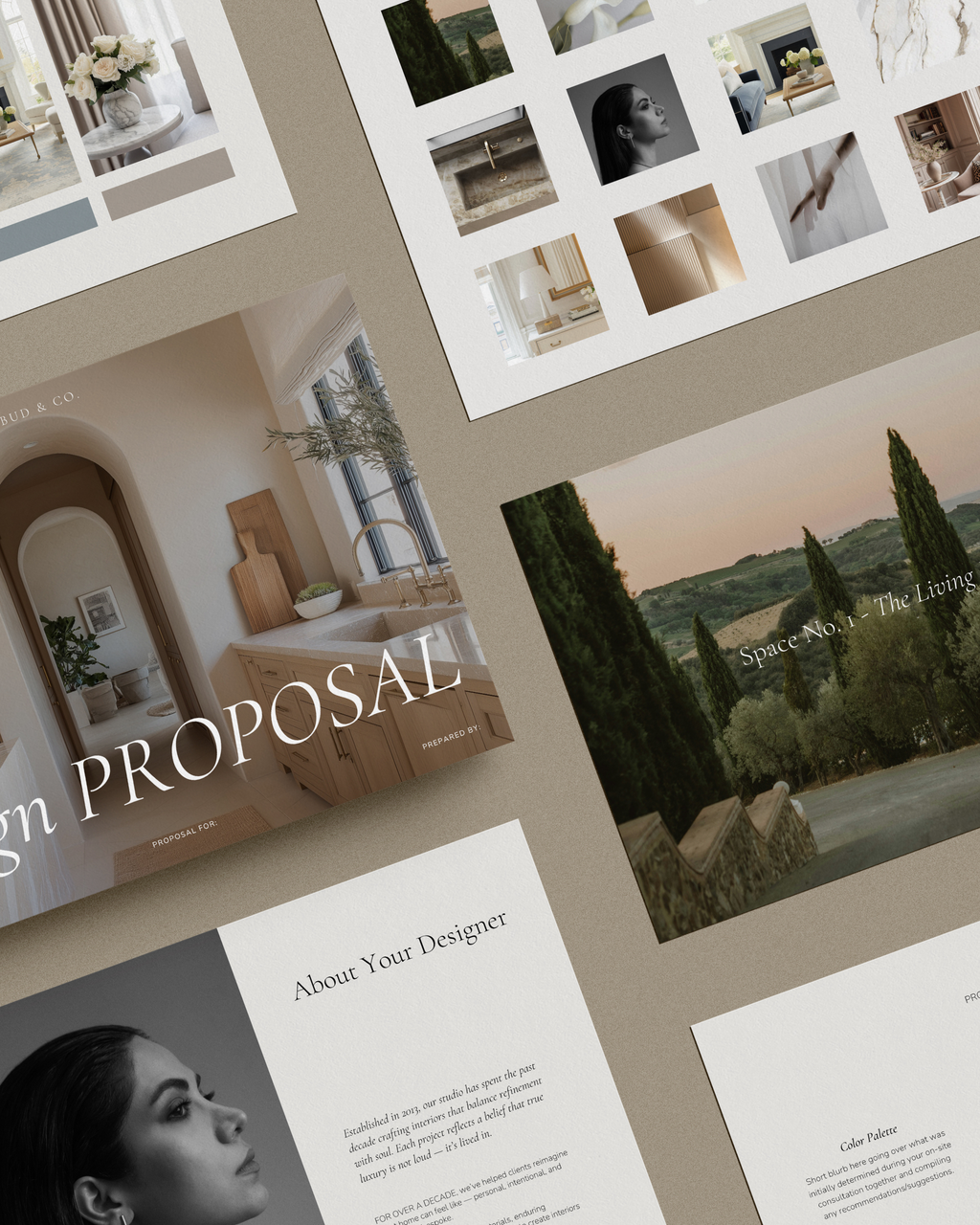 Luxury interior design proposal Canva template with project overview, scope, and mood board pages.
