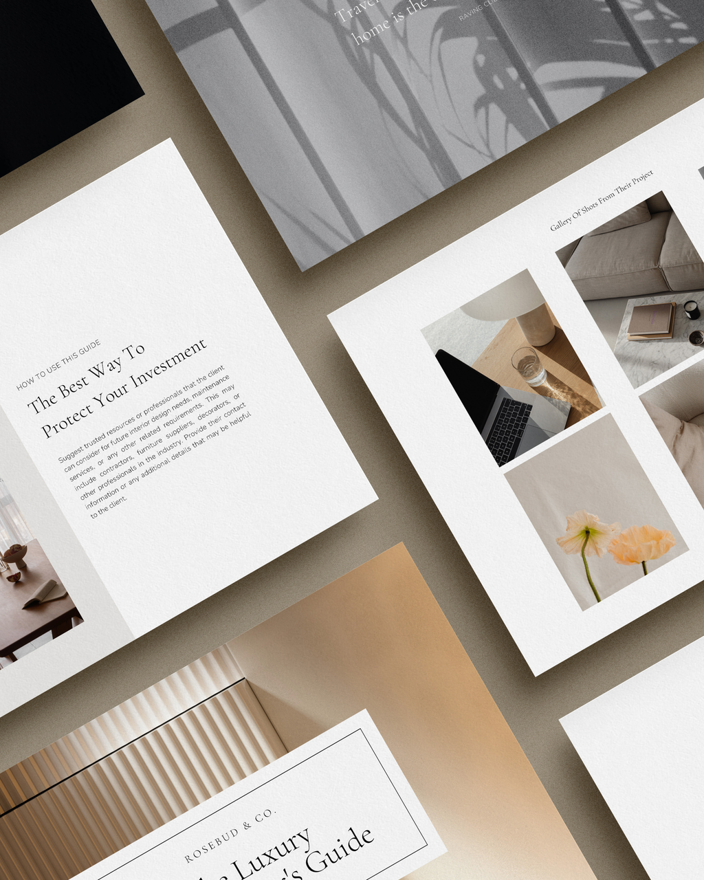 Interior Design Offboarding Guide Canva template featuring customizable layouts for thank-you messages, maintenance tips, and testimonial requests—crafted for luxury interior designers.