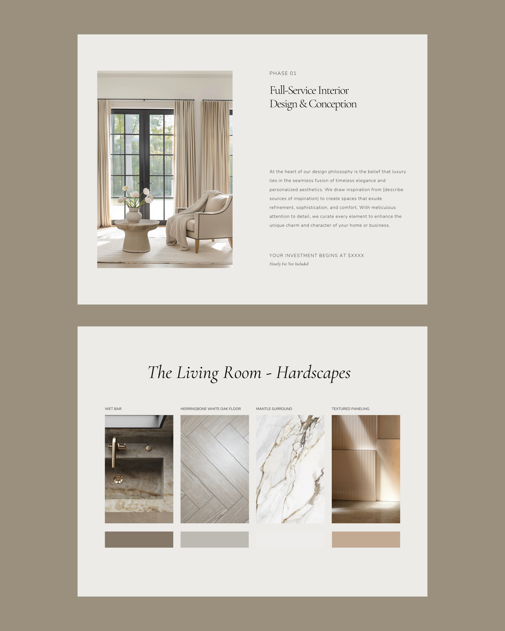 Luxury interior design proposal Canva template with project overview, scope, and mood board pages.