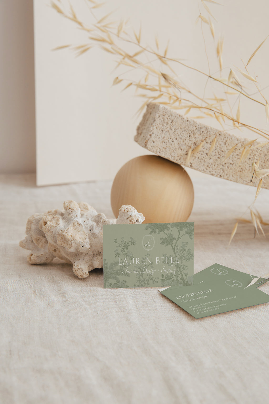 Feminine Canva brand kit for interior designers with hand-drawn chinoiserie elements, organic textures, and elegant logo suite.