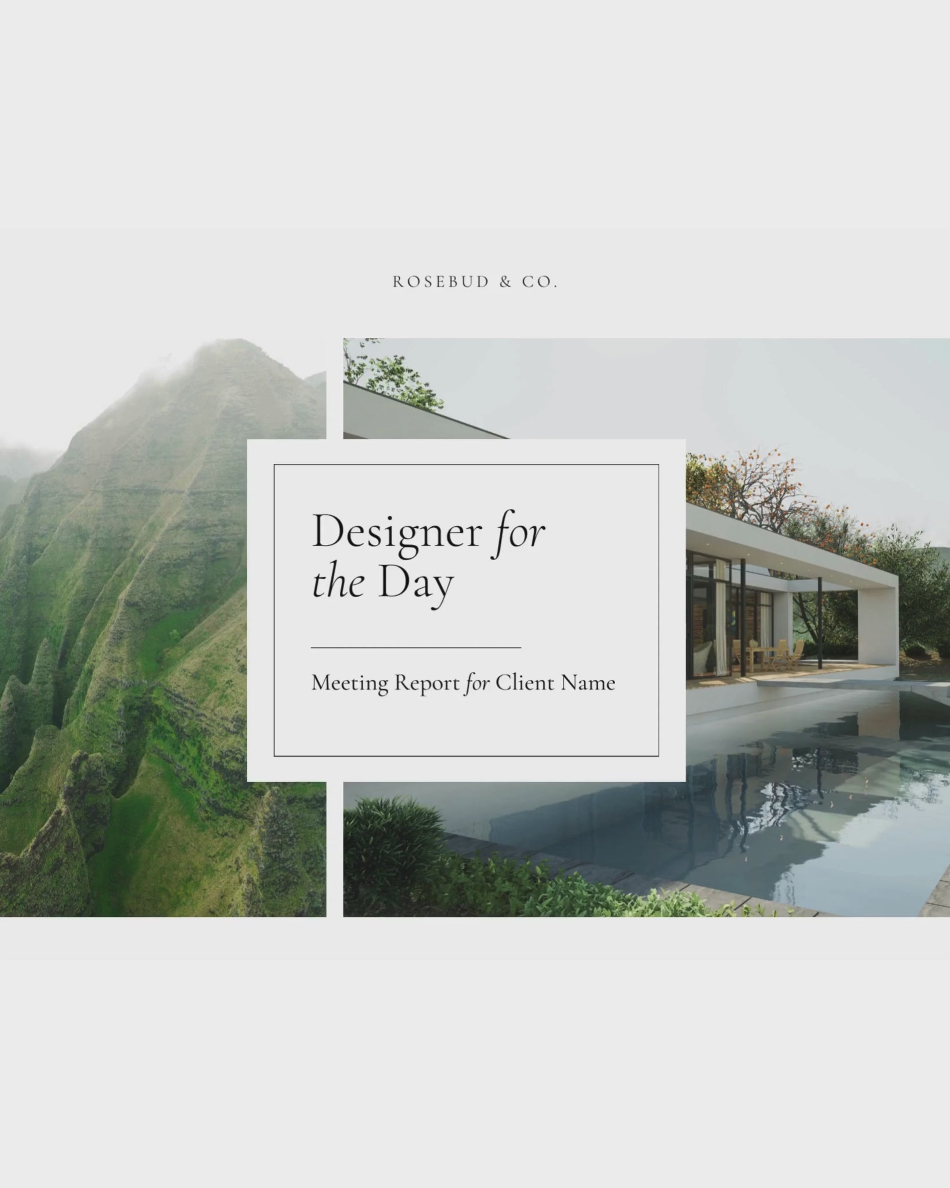 Virtual Design Meeting Report Canva template featuring customizable layouts for color palettes, mood boards, shopping lists, and project reports—crafted for luxury interior designers.
