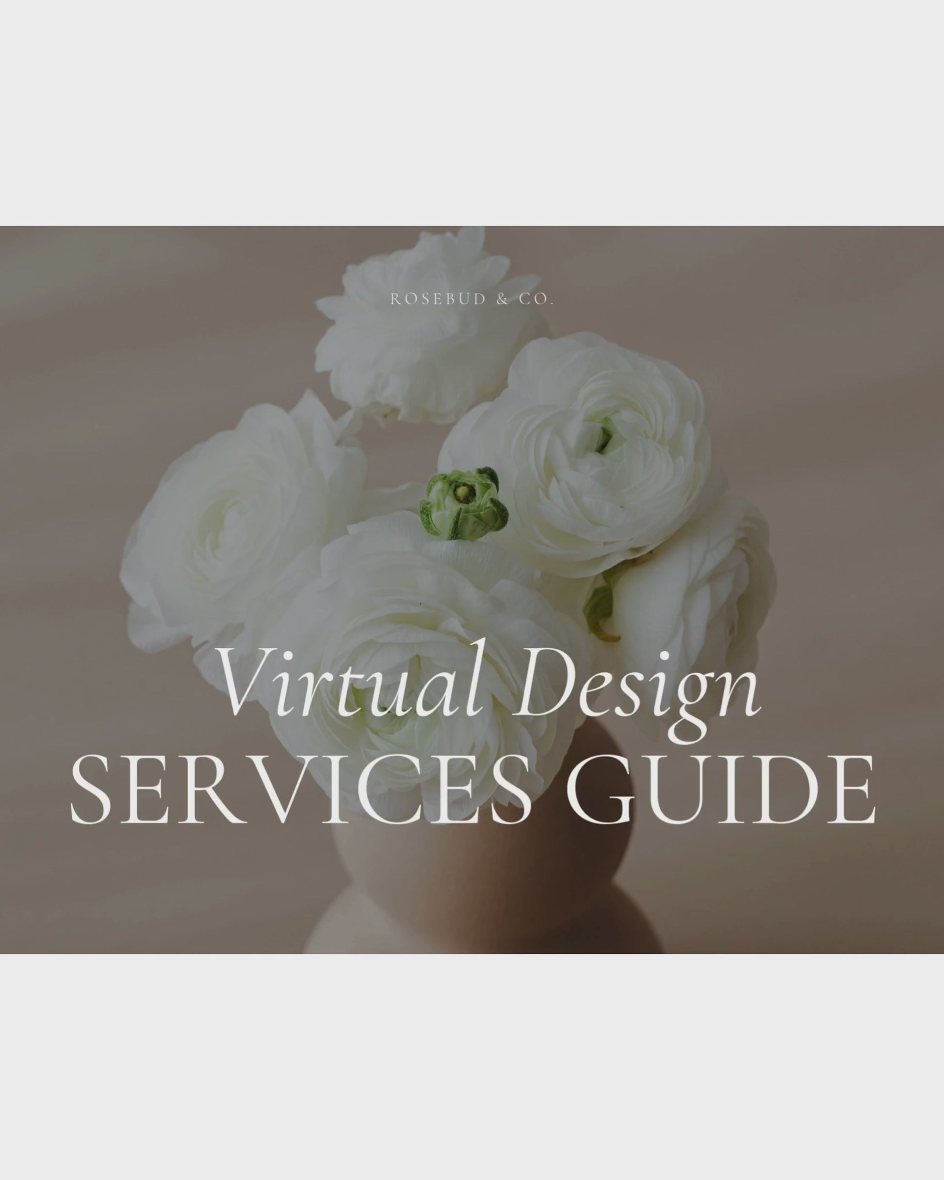 Virtual Design Investment Guide Canva template featuring customizable layouts for service overview, process, FAQs, and purchase details—crafted for luxury interior designers.