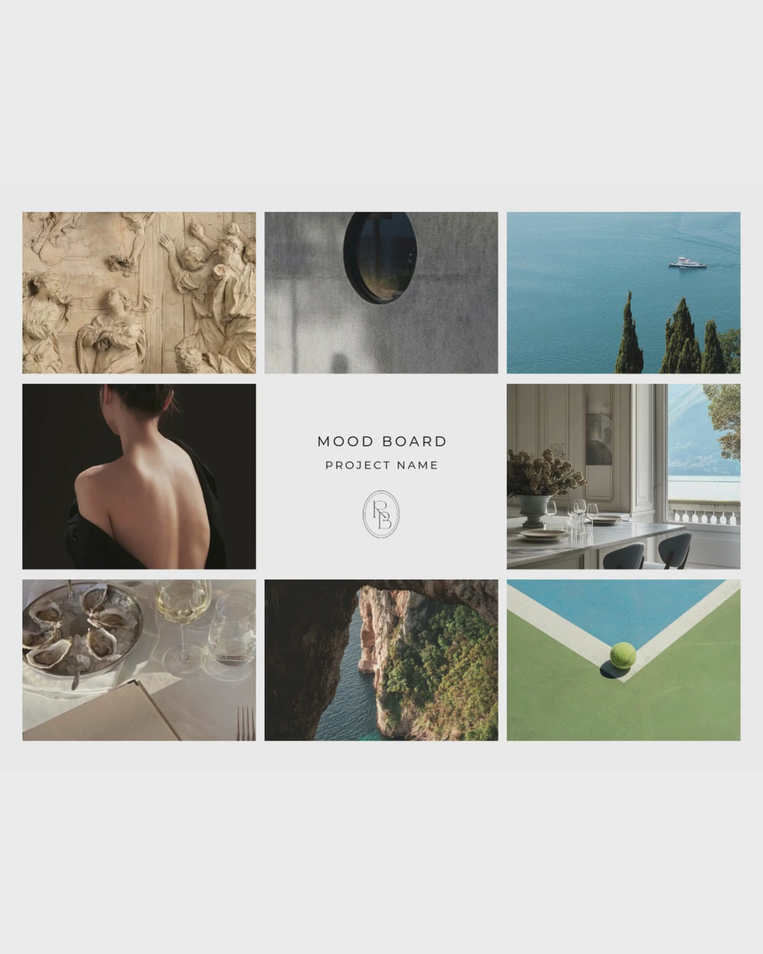 Interior Design Mood Board Canva template featuring customizable layouts for high-end design presentations—crafted for luxury interior designers to showcase project vision and concept.