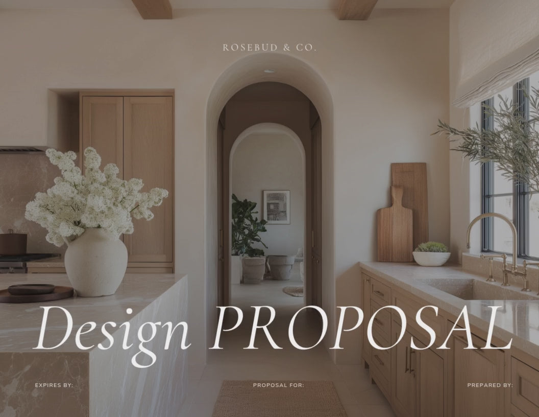 Luxury interior design proposal Canva template with project overview, scope, and mood board pages.